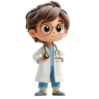 Cartoon character of a young doctor wearing a white coat with a stethoscope in a cheerful pose against a plain background isolated on transparent background png