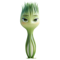 Friendly animated character with green hair resembling a vegetable standing upright and looking mischievous isolated on transparent background png