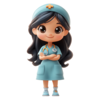 Cute cartoon character of a nurse standing proudly in a light blue uniform with a stethoscope in hand and a cheerful expression isolated on transparent background png