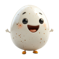 Cute animated character of a smiling egg with big eyes and cheerful expression, standing with arms open in a playful manner isolated on transparent background png