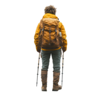Hiker prepares for an adventure in the mountains wearing a yellow jacket and sturdy boots with trekking poles in hand isolated on transparent background png