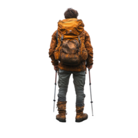 Adventurer in a rugged outfit prepares for exploration in the wilderness during a cloudy day in nature isolated on transparent background png