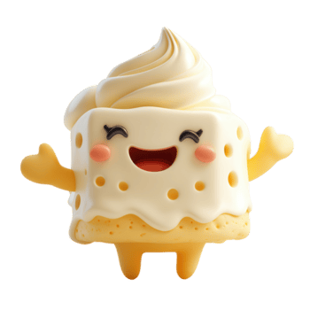 Cute cartoon dessert character with happy expression, smiling and waving cheerfully in a playful, colorful setting isolated on transparent background png