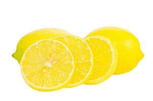 Lemon slices and two whole lemons isolated on white. Citrus, lemon. photo