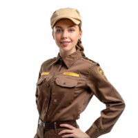 Smiling delivery woman in brown uniform and cap png