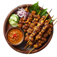 Delicious Chicken Satay with Peanut Sauce and Garnishes png