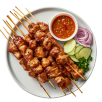 Delicious Chicken Satay Skewers with Peanut Sauce and Garnish png