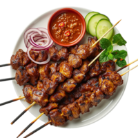 Delicious grilled satay skewers with sauce and garnish png