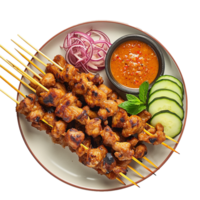 Delicious Chicken Satay Skewers with Peanut Sauce Red Onions and Cucumbers png