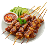 Delicious Grilled Chicken Satay Skewers with Sauce and Cucumber png