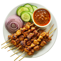 Delicious Chicken Satay with Peanut Sauce Cucumber and Onion png