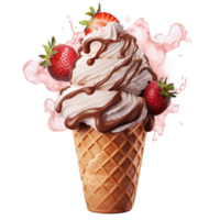 Delicious Strawberry Ice Cream Cone Chocolate Drizzle Waffle Cone Sweet Treat png
