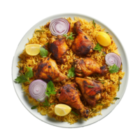 Delicious Roasted Chicken with Rice Lemon and Onion Garnish png