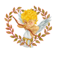 Mischievous Cherub in a heart-shaped leaves frame aims an arrow from a bow at the viewer. Laughing watercolor character. Isolated angel. Winged Cupid for Valentine's Day design and holiday print png