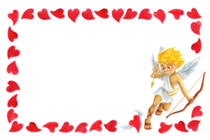 Simple red hearts frame with Cherub character shooting an arrow from the bow. Watercolor romantic background with place for text. Rectangular horizontal border illustration for card, poster, banner png