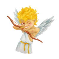 A mischievous laughing boy Cupid directs an arrow from a bow at the viewer. Watercolor cartoon cherub character. Isolated angel for Valentine's Day holiday printing, tableware and textile design png
