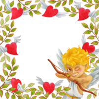 Square frame of red hearts with wings, branches with leaves and laughing Cupid directing an arrow from a bow at the viewer. Romantic background with empty space for text for Valentine's Day design png