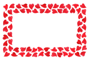 Frame with red hearts of different silhouettes. Watercolor romantic background template with empty space for text in center. Simple rectangular horizontal border illustration for card, poster, banner png