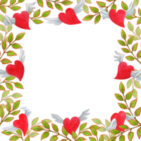 Square frame of red hearts with wings and twigs with leaves. Isolated romantic background with empty place for text for valentines day cards or posters design. Hand drawn watercolor template png