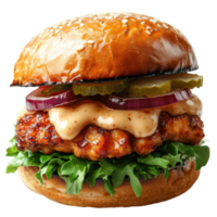 Juicy chicken burger stacked high with fresh toppings and sauce png