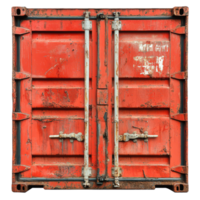 Rusty red shipping container at a busy port during the day png