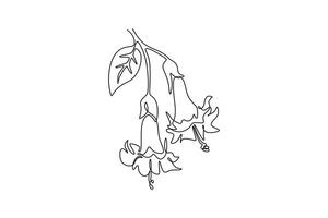 Single continuous line drawing beauty fresh brugmansia for wall decor home art poster print. Decorative angel trumpet flower for greeting card frame. One line draw graphic design illustration vector