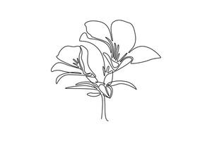 Single continuous line drawing of beauty fresh rhododendron for art home wall decor poster print. Decorative azalea flower for invitation card. Dynamic one line draw graphic design illustration vector