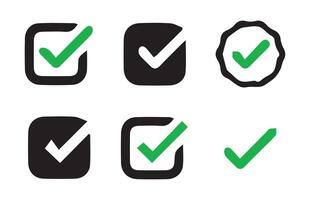 Set of check icons in green and black. Circle and square. Tick symbol sing vector