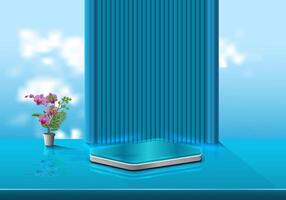 Podium and Table lamp on a dark blue background with natural shadows. Three dimensional illustration for showing your products. vector