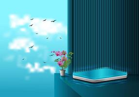 Podium design and Table lamp on a dark blue background with natural shadows. Three dimensional illustration for showing your products. vector