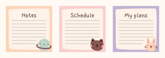 Cute to do list templates set. Kawaii design of daily planner, schedule or checklist. Perfect for agenda, memo, notes, self-organization. Hand-drawn illustration. Stationery for children. vector