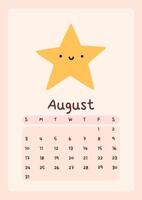 Calendar page for August 2025, week starts on Sunday. Cute design with a star in pastel colors. Perfect for kids nursery, home or office decor. Schedule for planning, organization. vector
