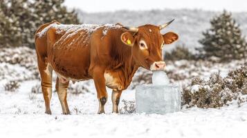 A brown cow savoring a block of ice surrounded by snow and trees photo