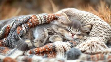 A gray kitten peacefully sleeps wrapped in a soft, colorful blanket photo