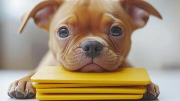 A playful puppy enjoys a moment of rest on colorful cards photo