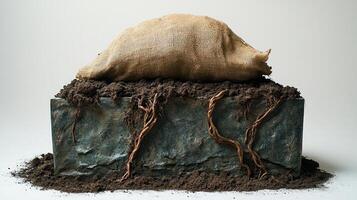 A burlap sack sits atop earthy soil, with roots intertwining around it photo