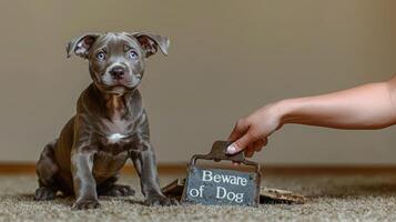 A cheerful puppy poses beside a warning sign in a warm indoor space photo