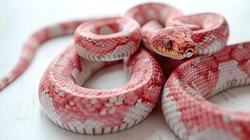 A striking coral python relaxes, showcasing its vibrant scales and unique pattern photo