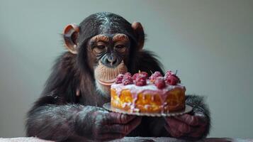 A chimpanzee admires a beautifully decorated cake topped with raspberries photo