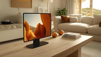A stylish workspace features a computer showcasing a stunning desert view photo
