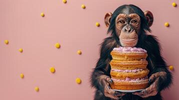 A cheerful chimpanzee holds a tall, vibrant birthday cake delightfully photo
