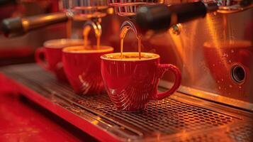 Three red cups elegantly fill with rich espresso in a warm cafe setting photo