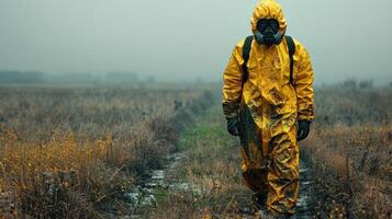 A solitary figure trudges through foggy marshland, dressed in a yellow suit photo