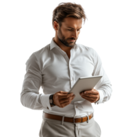 Professional man using tablet while standing indoors in a modern setting png
