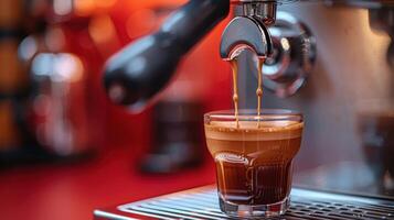 Warm espresso flows smoothly into a glass from the espresso machine photo