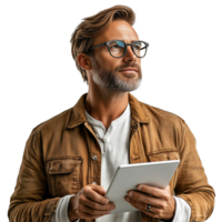Man with glasses holds tablet while contemplating ideas in a creative indoor environment png