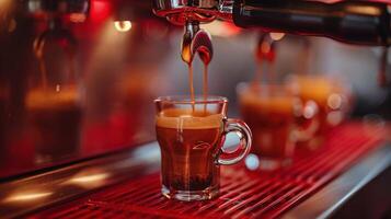 Rich coffee flows from the machine into a delicate glass mug photo
