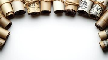 Vintage scrolls are beautifully arranged with twine on a light background photo