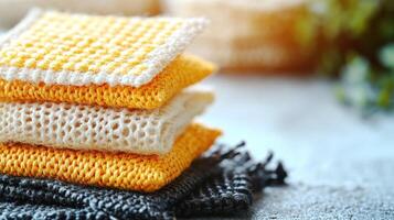 Stacked colorful dishcloths bask in soft sunlight on a rustic surface photo