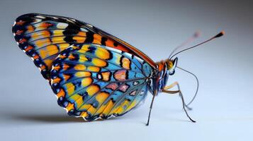 A vibrant butterfly displays its intricate wing patterns under soft lighting photo